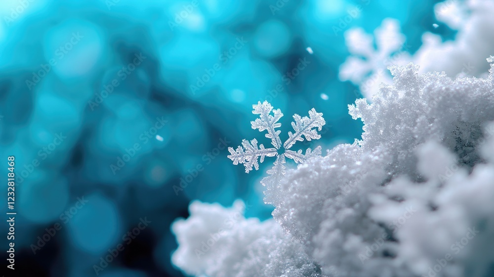 Poster close-up snowflake winter forest bokeh background