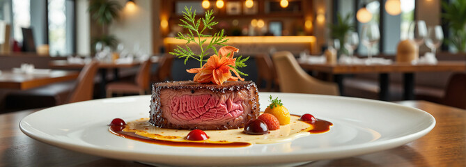 Vibrant Filet Américain beautifully plated in a chic restaurant, gourmet dining