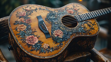 Ornate floral acoustic guitar outdoors, garden background, music