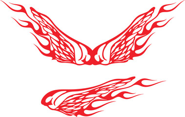 Vector flame wings set for vehicle vinyl decals, clothing stickers, mascot designs, vintage labels. Ready-to-cut fiery wings hood and side decals for race and hot rod vehicles, trucks, motors, bikes.