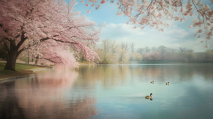 Serene Spring Landscape: Cherry Blossoms and Ducks on a Tranquil Lake