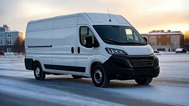 White cargo van parked on snowy lot at dusk with buildings in the background