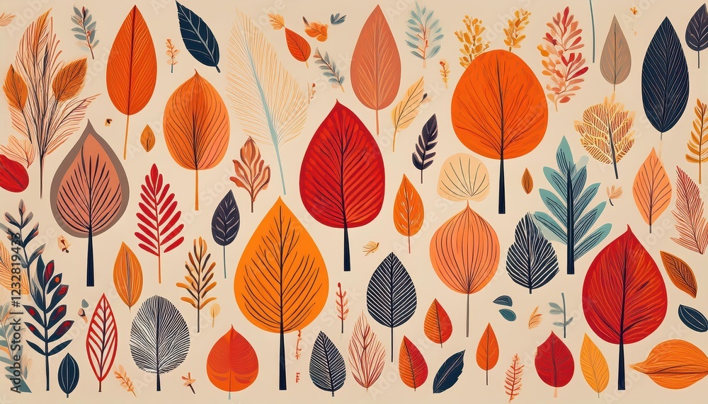 Poster vibrant autumn abstraction a kaleidoscope of fall patterns and shapes in a whimsical landscape, embr