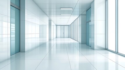 Modern White Office Corridor With Glass Doors And Windows