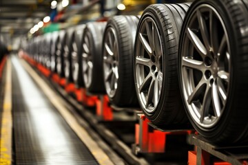 Fototapeta premium Modern Automotive Tire Manufacturing Process with Rows of High-Quality Tires Ready for Assembly in a State-of-the-Art Factory Environment