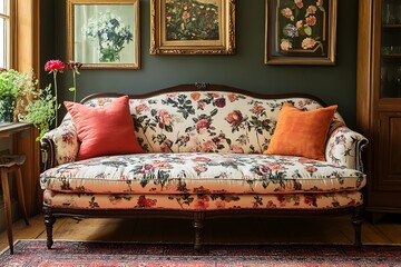A sofa is placed against a wall in a warm and inviting living room setting.