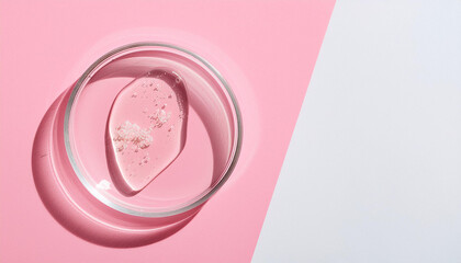 Transparent liquid in glass petri dish on pink-white backdrop. Hyaluronic, azelaic, niacinamide acid