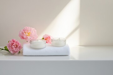 Serene Spa Moment: Two small, round candles and a jar of cream rest on a fluffy white towel, next to delicate pink flowers; sunlit scene evokes calmness and relaxation. 