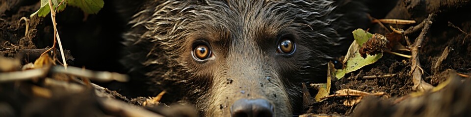 Brown bear peering from forest floor