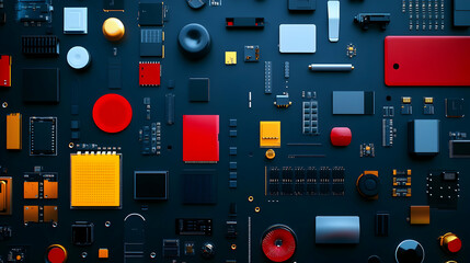 An eye-catching display of colorful electronic parts showcases intricate tech design