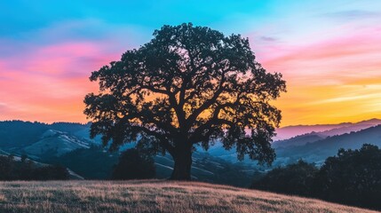Majestic Oak Tree Silhouetted Against Vibrant Sunset Hills