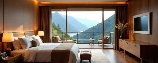 Luxurious suite with private balcony, overlooking mountains, resort, alpine