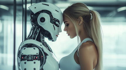 A woman intimately faces a humanoid robot.