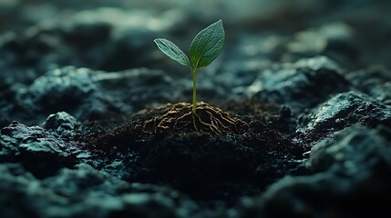 Resilient sprout emerging from dark soil, rocky background, environmental concept