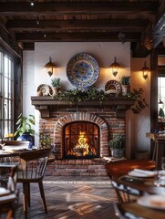 A cozy fireplace with ceramic plates adds warmth to a rustic restaurant filled with antique furniture