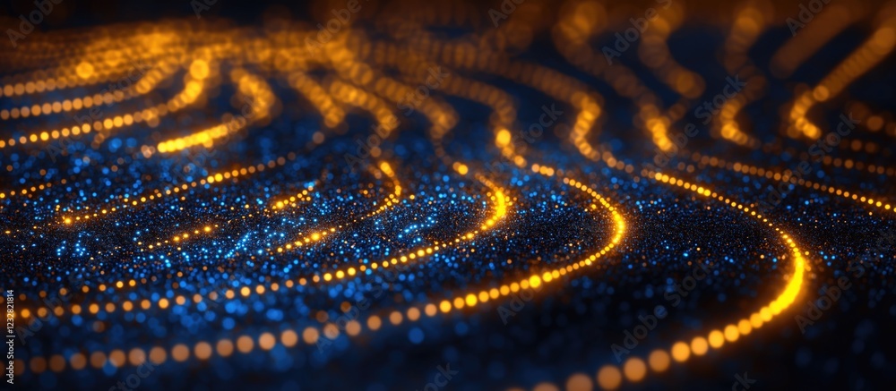 Poster a mesmerizing pattern of glowing blue and orange lights creating a dynamic wave effect, evoking a se