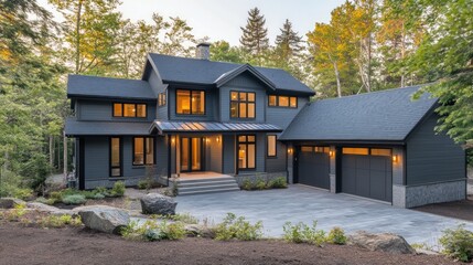 Obraz premium Modern Family Home Surrounded by Nature with Beautiful Landscape