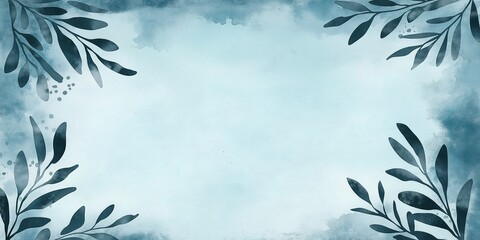 A calming watercolor background in shades of blue, adorned with dark green leaves, perfect for invitations, cards, or digital designs.