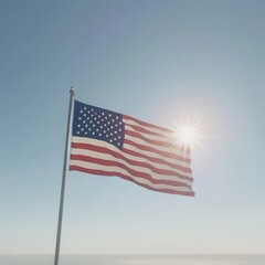Fototapeta premium Waving with pride, the American flag shines brightly under the noon sun against a vibrant blue sky. Generative AI