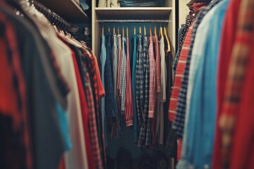 Naklejka premium Organized Wardrobe with a Variety of Clothing Options Including Shirts, Jackets, and Patterns Hanging Neatly in a Closet Full of Colorful Fabrics
