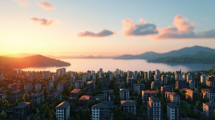 Fototapeta premium A stunning aerial view of a city at sunset, featuring modern buildings with a serene lake and mountains in the background.