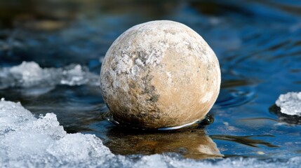 A single frosty stone rests in icy water, surrounded by partially melted ice, capturing the essence of winter's quiet yet powerful presence.