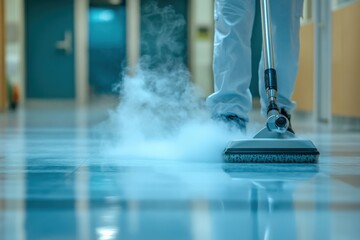Person Using Steam Cleaner on Hospital Floor to Sanitize and Disinfect, Ensuring Hygiene and Health Safety in Healthcare Environment