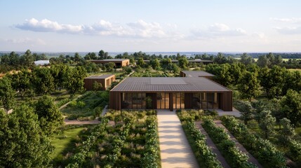 A modern house surrounded by lush greenery and gardens, featuring a pathway leading to its entrance under a bright, sunny sky.