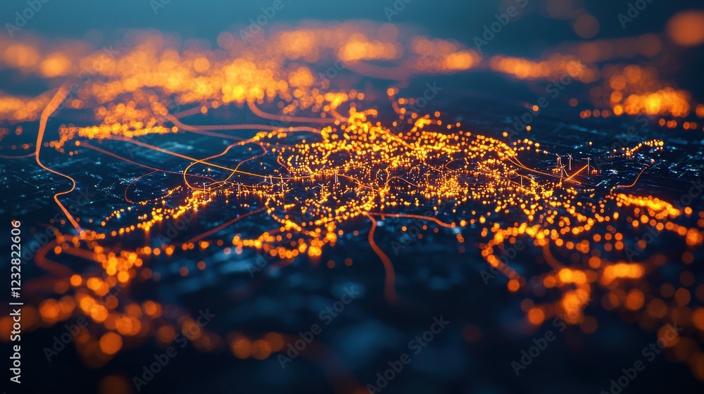 Poster a vibrant aerial view of a cityscape illuminated by countless lights, creating a captivating network