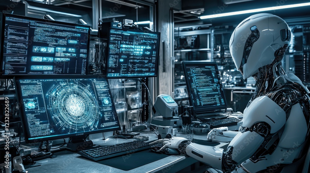 Aufkleber Advanced Robot Working on Complex Computer Systems