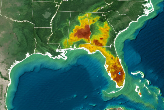 algal bloom research ,The image depicts a satellite view of the southeastern United States, highlighting areas of varying rainfall intensity and geographic features.