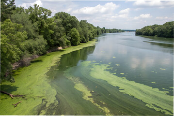 Obraz premium algal bloom research ,A serene river scene with lush greenery and algae along the water's edge, reflecting a calm sky.
