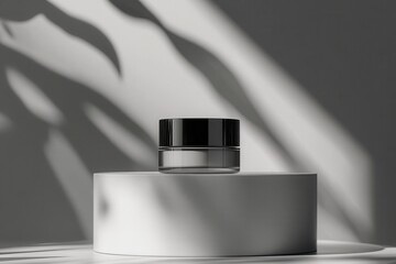Luxury Skincare Product Mockup: An elegant jar of skincare cream sits on a minimalist white pedestal, bathed in soft, dramatic light and shadow from dappled sunlight.
