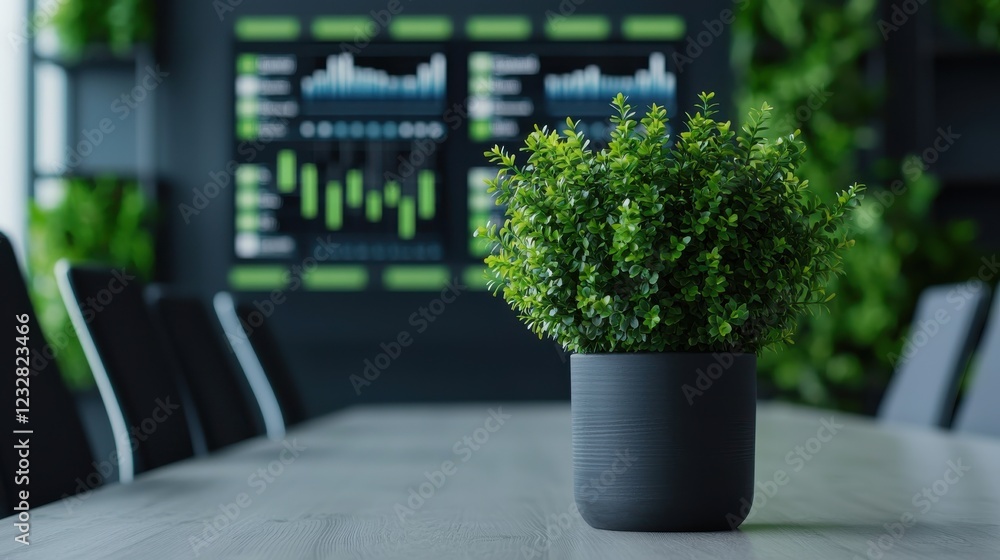 Poster a modern office setting featuring a small green plant on a table, with a background displaying digit