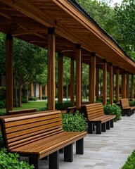 Obraz premium A serene outdoor space featuring wooden benches under a covered walkway surrounded by lush greenery.