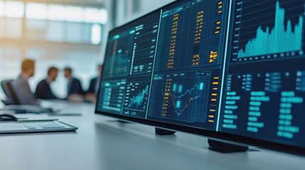 Fototapeta premium A sleek workspace with multiple monitors displaying data analytics and financial graphs, featuring professionals engaged in discussion.