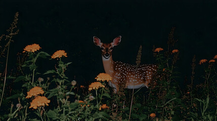 Fototapeta premium Fawn amidst orange flowers at night, wildlife nature scene