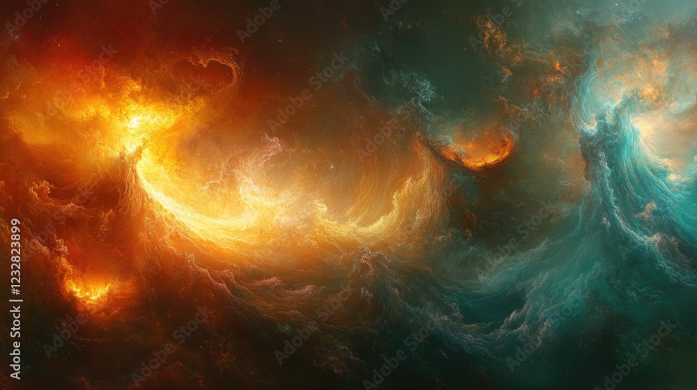 Poster abstract fiery and teal cosmic swirls colliding in space