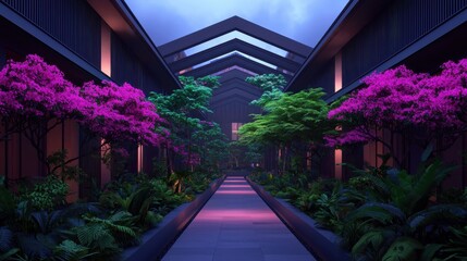 A serene courtyard path flanked by vibrant pink flowers and lush greenery under a tranquil sky, creating a peaceful ambiance.