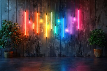 Stylish loft with vibrant neon tubes that softly illuminate dark concrete walls