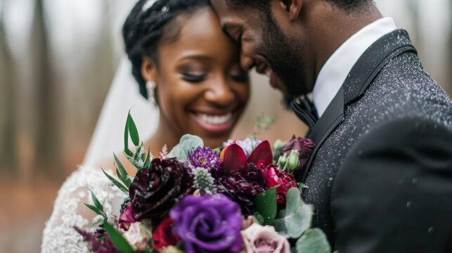 Joyful couple celebrates their wedding day surrounded by nature in a beautiful autumn forest