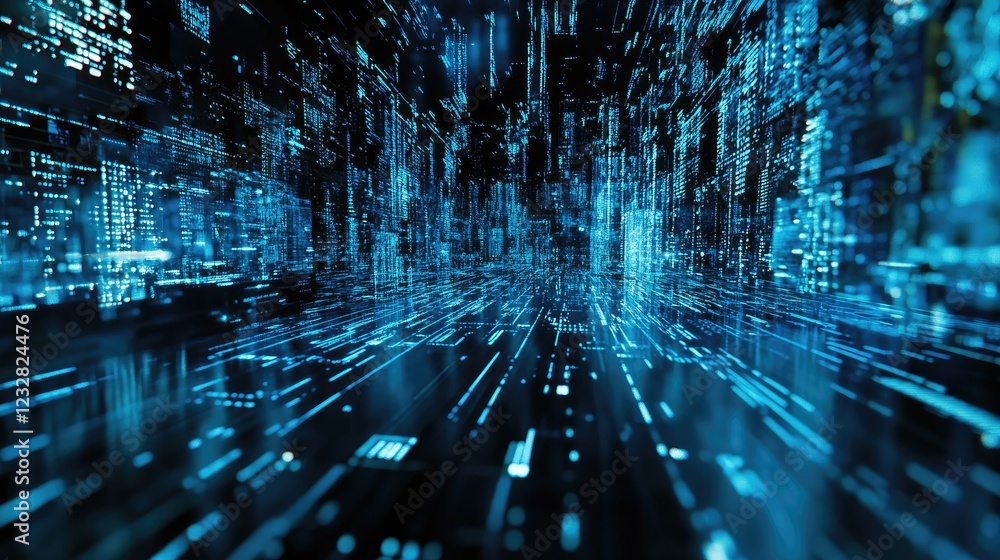 Poster abstract digital cityscape of glowing blue data streams