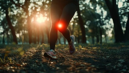 Close-up of a young woman with knee pain while running in a park, holding her suffering leg and touching the red, inflamed area around her hip. 