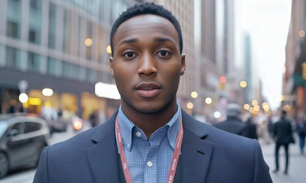 A young black man is inspired and pursuing success in business education. The young man walks confidently through the corporate district. The young man embraces learning and career growth.