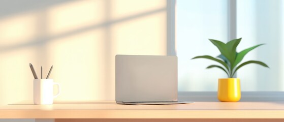 minimal home office desk setup with laptop, coffee mug, and plant with window light
