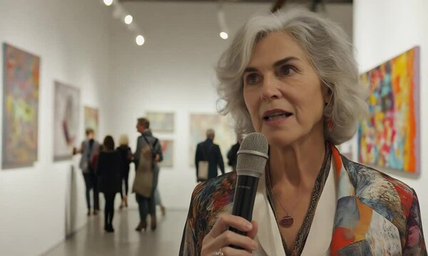 Report of a female art critic journalist from an art gallery, covering contemporary exhibitions of abstract art. TV report review from art galleries, opening of an exhibition of contemporary art