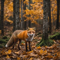 Fototapeta premium Red Fox in Autumn Forest. Red fox in the forest. 