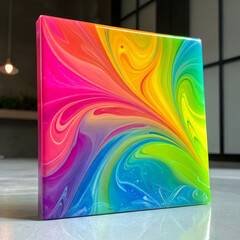 Colorful abstract glossy resin art with fluid shapes merging in contemporary studio environment for material inspiration