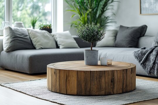 modern living room with gray sofa, wooden round tavle and a potted plant.