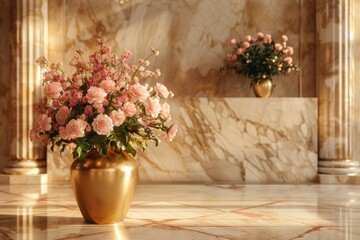 Close-up view of a welcoming marble reception desk adorned with vibrant flowers, highlighted by soft ambient lighting